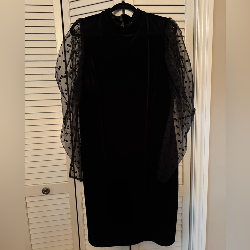 Eloquii Black Velvet Dress with Sheer Polka Dot Sleeves